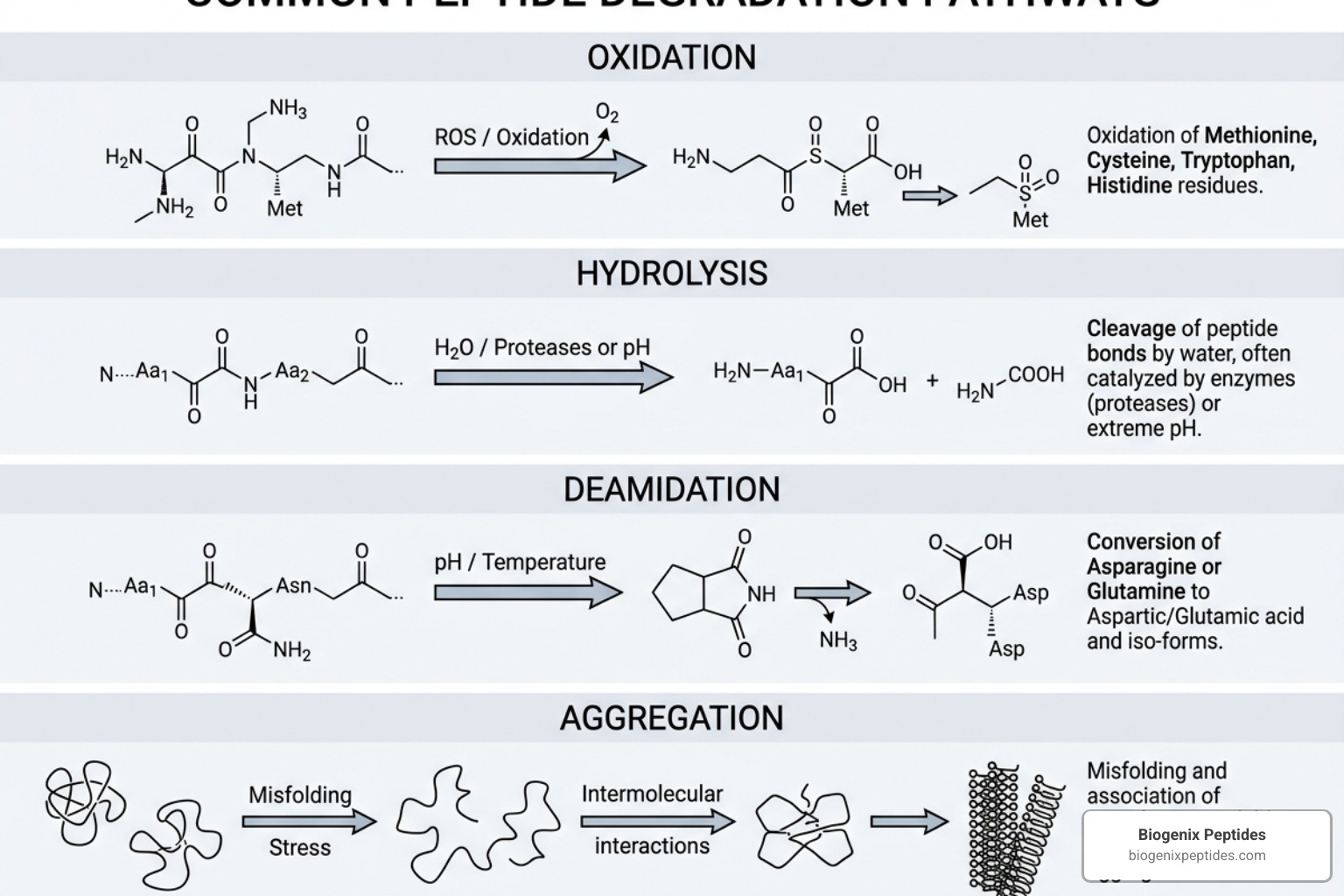Diagram of peptide degradation pathways - how long do reconstituted peptides last