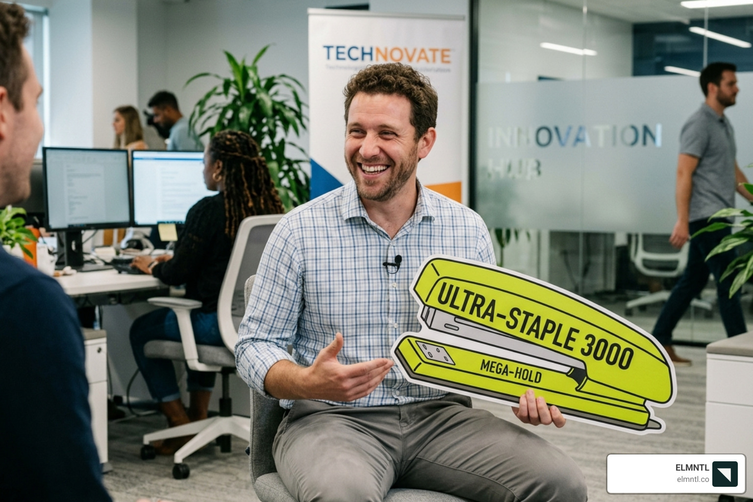 A still from a brand's comedic BTS video, perhaps a quirky employee interview - showcasing brand behind-the-scenes with