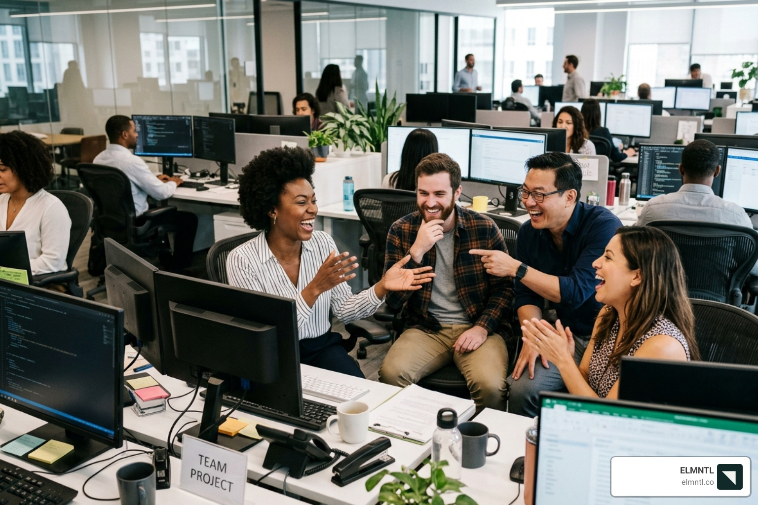 A mockumentary-style shot of employees interacting humorously in an office setting - showcasing brand behind-the-scenes with