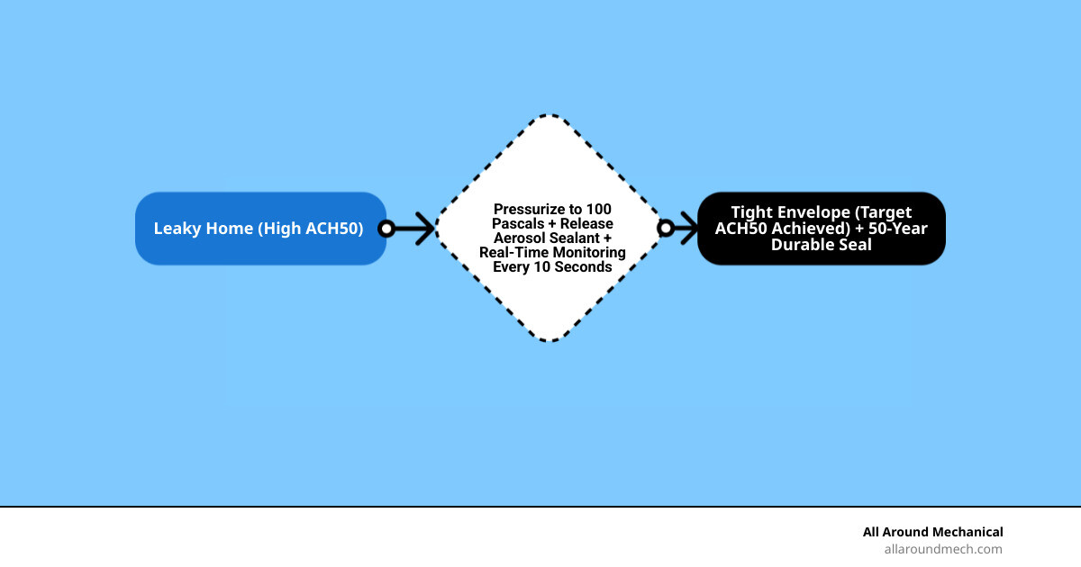 Infographic showing the AeroBarrier aerosol sealing cycle from pressurization to certification - aerobarrier process what Infographic showing the AeroBarrier aerosol sealing cycle from pressurization to certification - aerobarrier process what