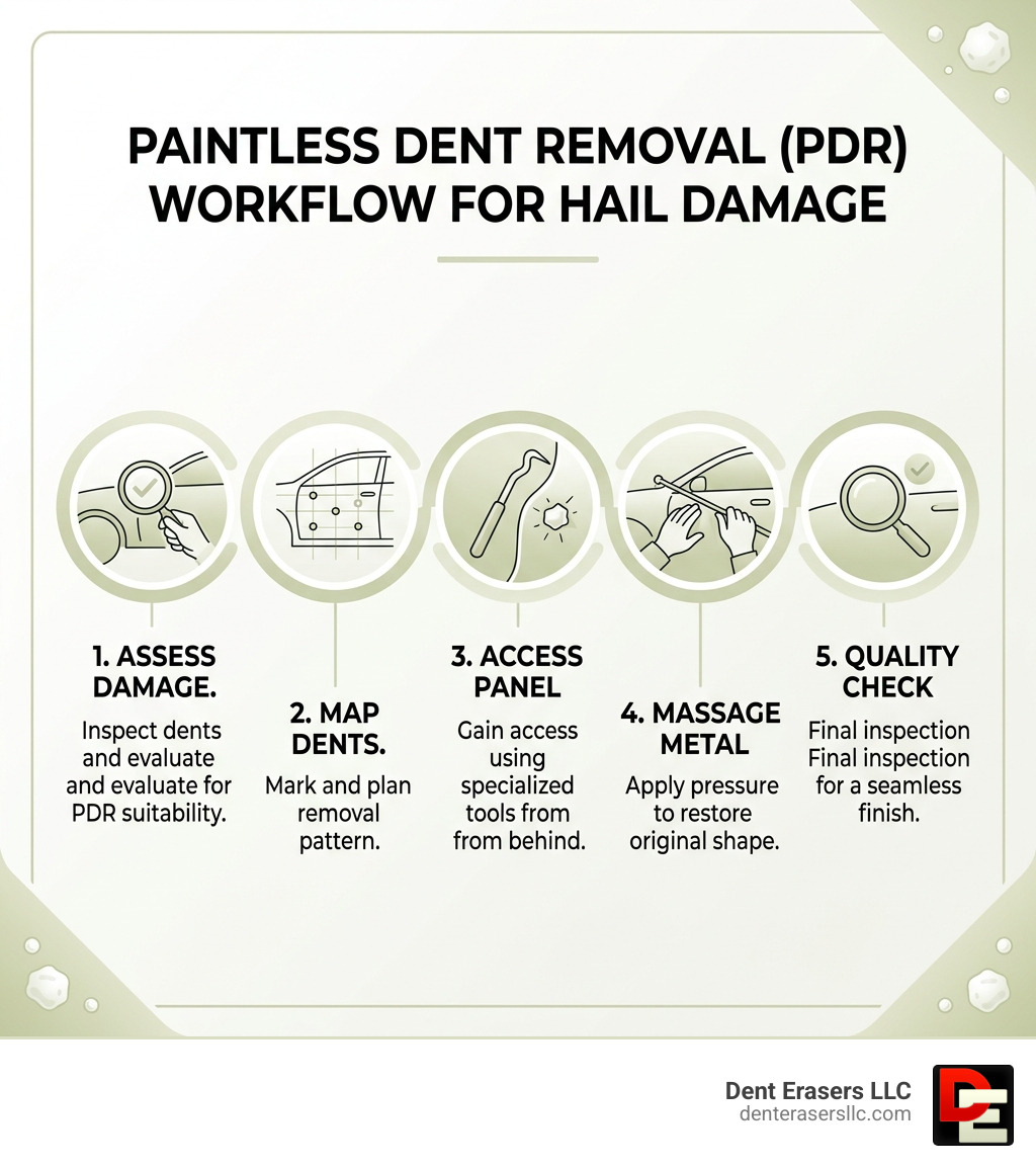PDR workflow infographic from inspection to restoration showing steps: assess damage, map dents, access panel, massage PDR workflow infographic from inspection to restoration showing steps: assess damage, map dents, access panel, massage
