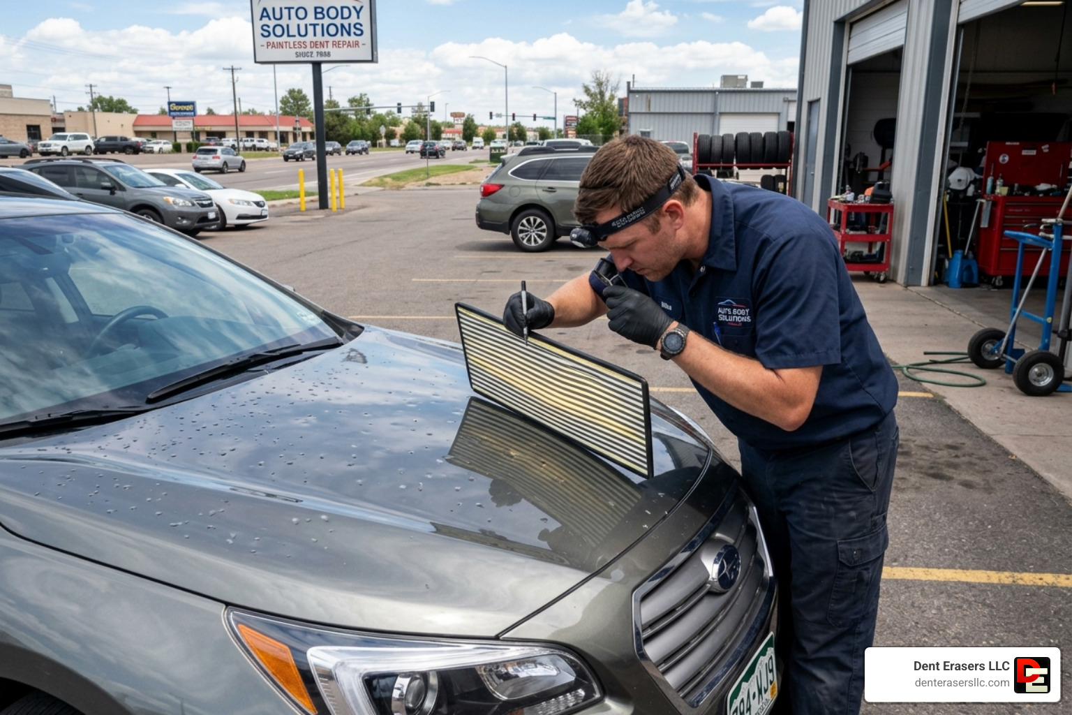 Technician using a reflection board to map hail dents on a car hood - paintless dent removal for hail damage Technician using a reflection board to map hail dents on a car hood - paintless dent removal for hail damage