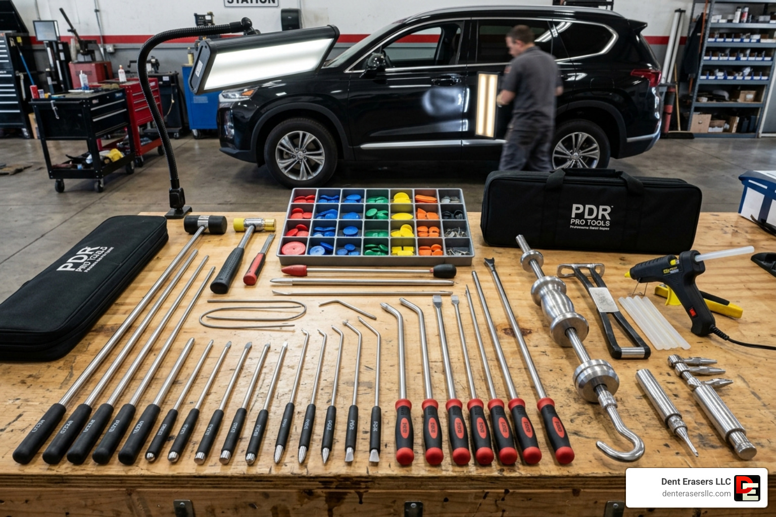 Professional PDR tool kit featuring stainless steel rods, glue tabs, and a slide hammer - paintless dent removal for hail Professional PDR tool kit featuring stainless steel rods, glue tabs, and a slide hammer - paintless dent removal for hail
