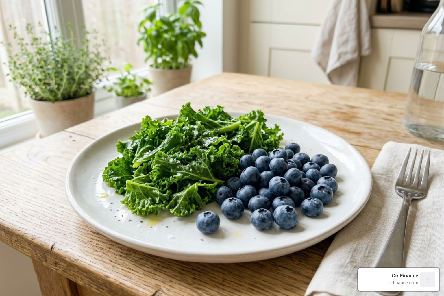 A plate of lightly steamed kale and bright blueberries, illustrating non-goitrogenic choices - bedtime smoothie for thyroid