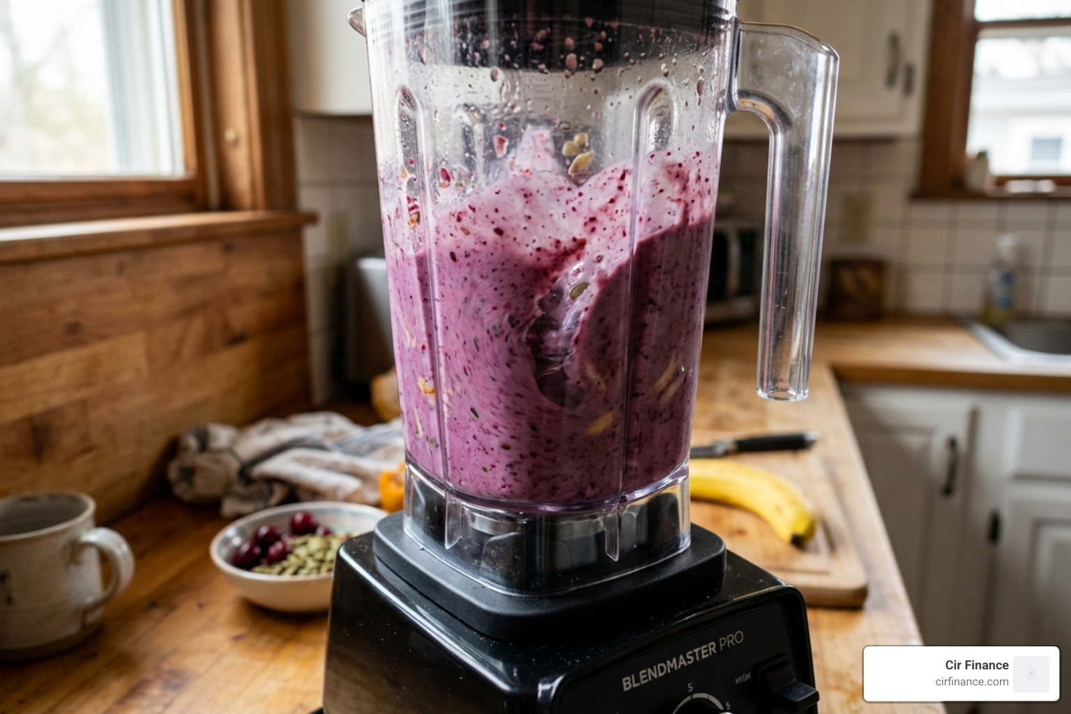 High-speed blender with fresh berries, pumpkin, and seeds being blended into a smoothie - bedtime smoothie for thyroid