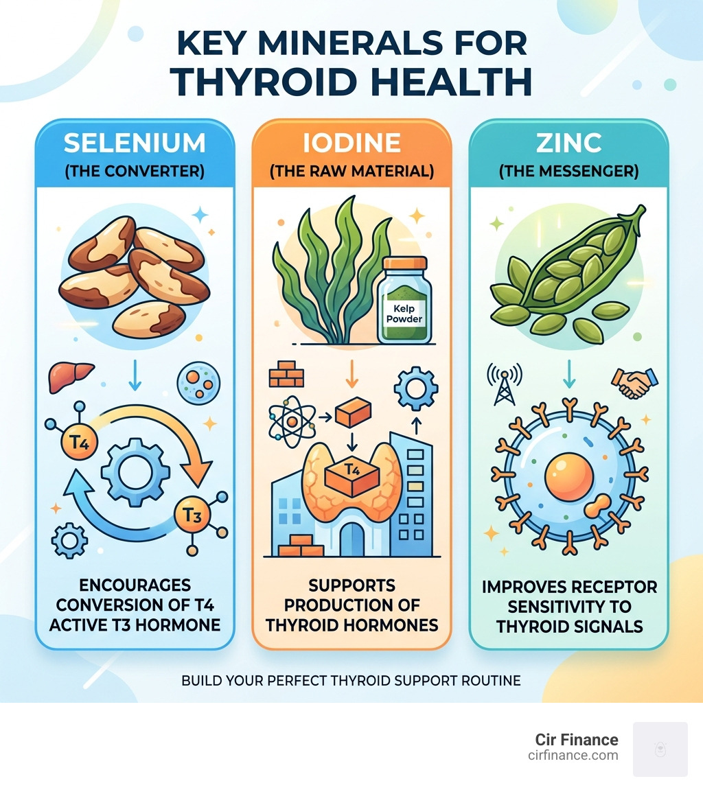 Table comparing thyroid-boosting minerals: Selenium for conversion, Iodine for production, and Zinc for receptor sensitivity