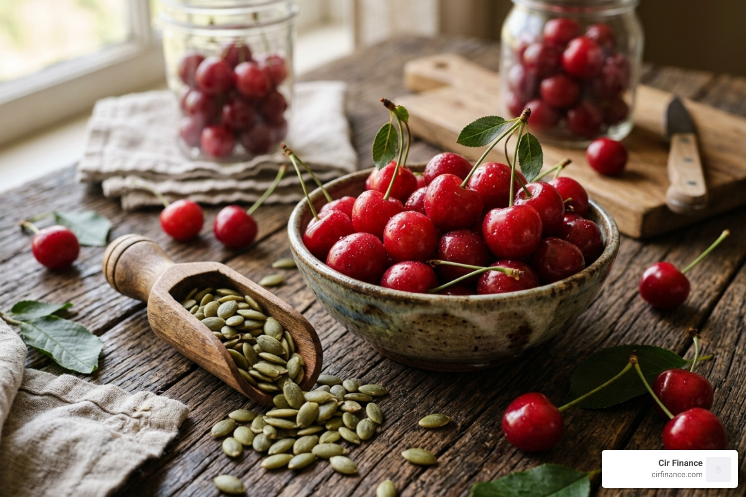 Tart cherries and pumpkin seeds on a wooden table, ready for blending - bedtime smoothie for thyroid support