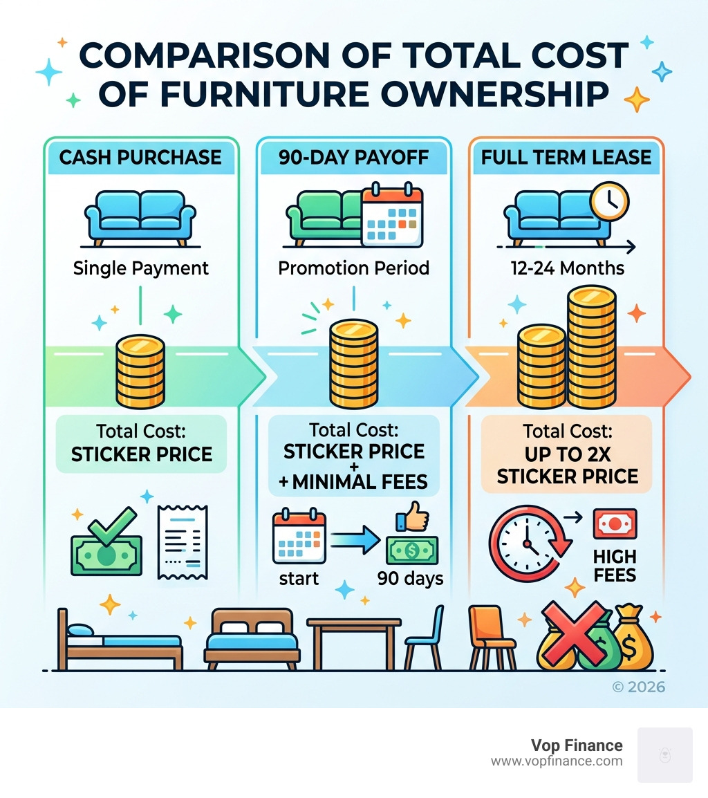 Comparison of total cost: Cash vs 90-day payoff vs full term lease - furniture store no credit needed infographic 
