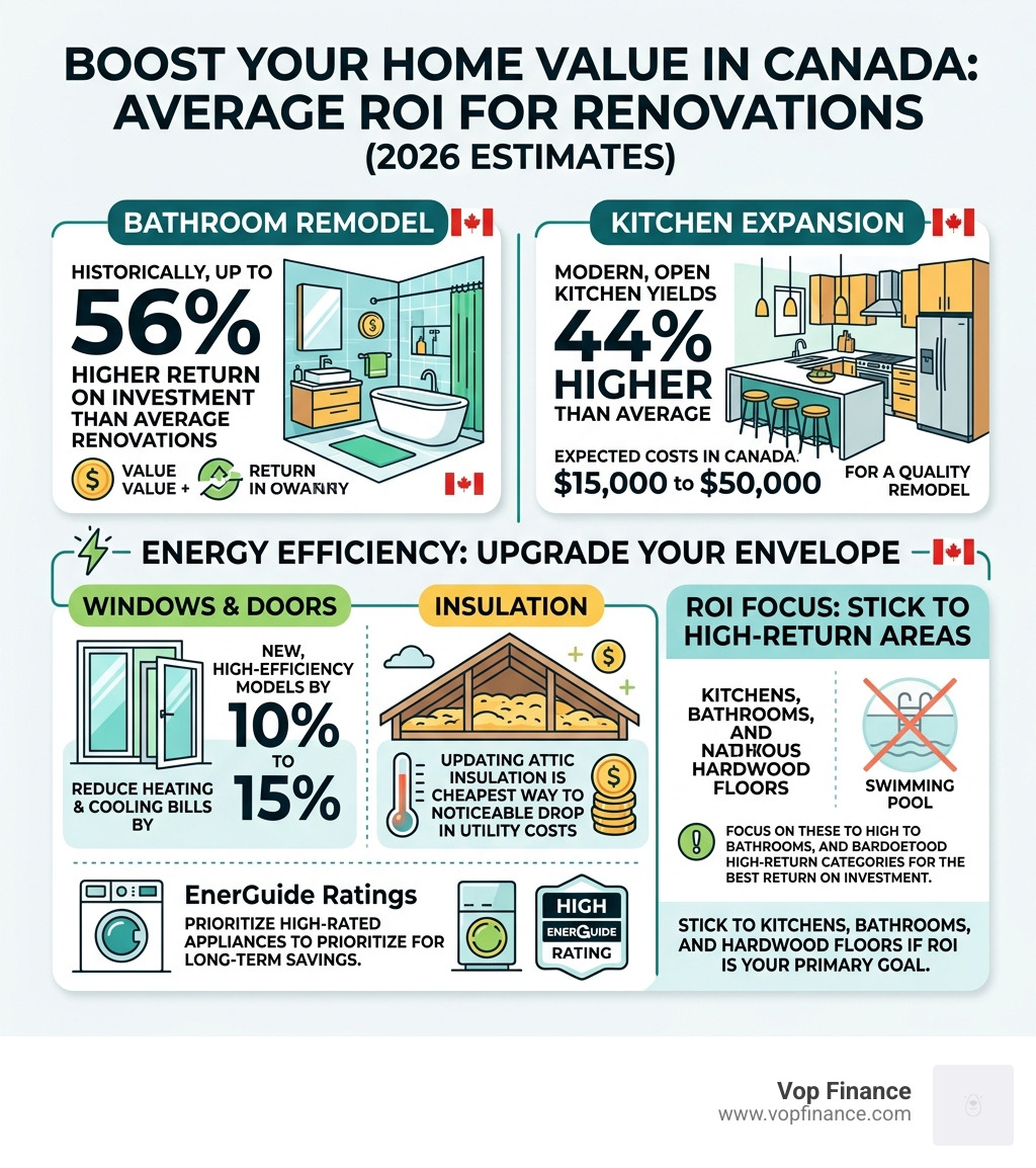 Infographic showing the average ROI of different Canadian home renovations - best way to finance home improvement projects