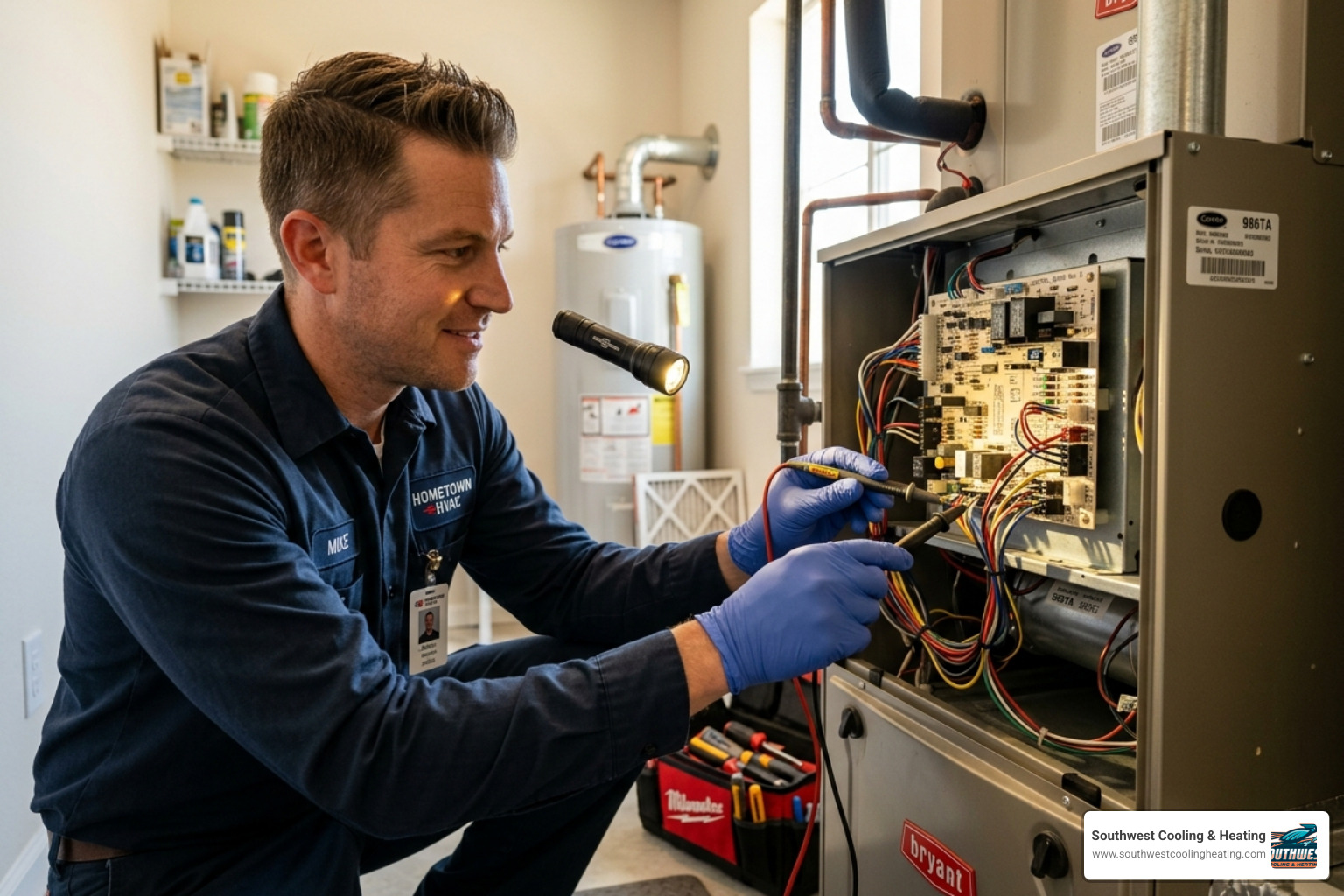 An HVAC technician inspecting a complex control board inside a residential unit - cost of repairing old hvac vs buying new An HVAC technician inspecting a complex control board inside a residential unit - cost of repairing old hvac vs buying new
