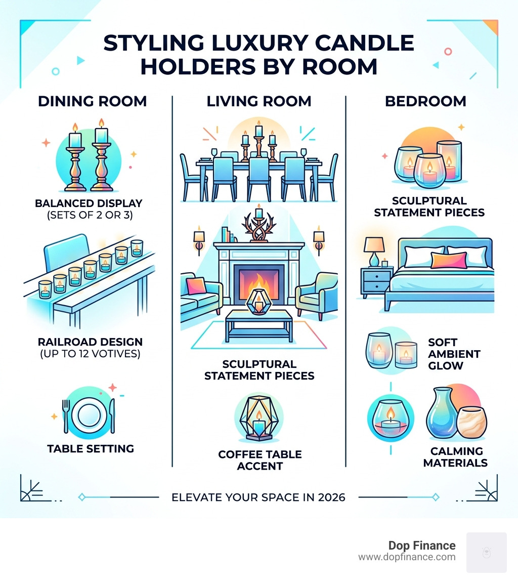 infographic on styling candle holders by room: dining, living, and bedroom - best luxury candle holders infographic 