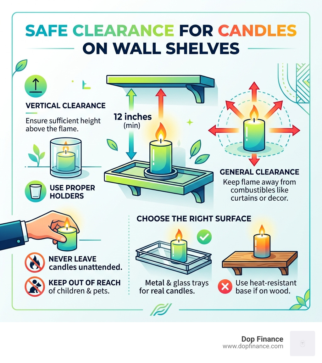 Graphic showing safe clearance distances for candles on wall shelves - floating shelf candle trays infographic 