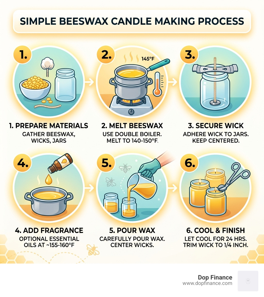 Step-by-step infographic showing the beeswax candle making process from melting to finished candle - beeswax candle making