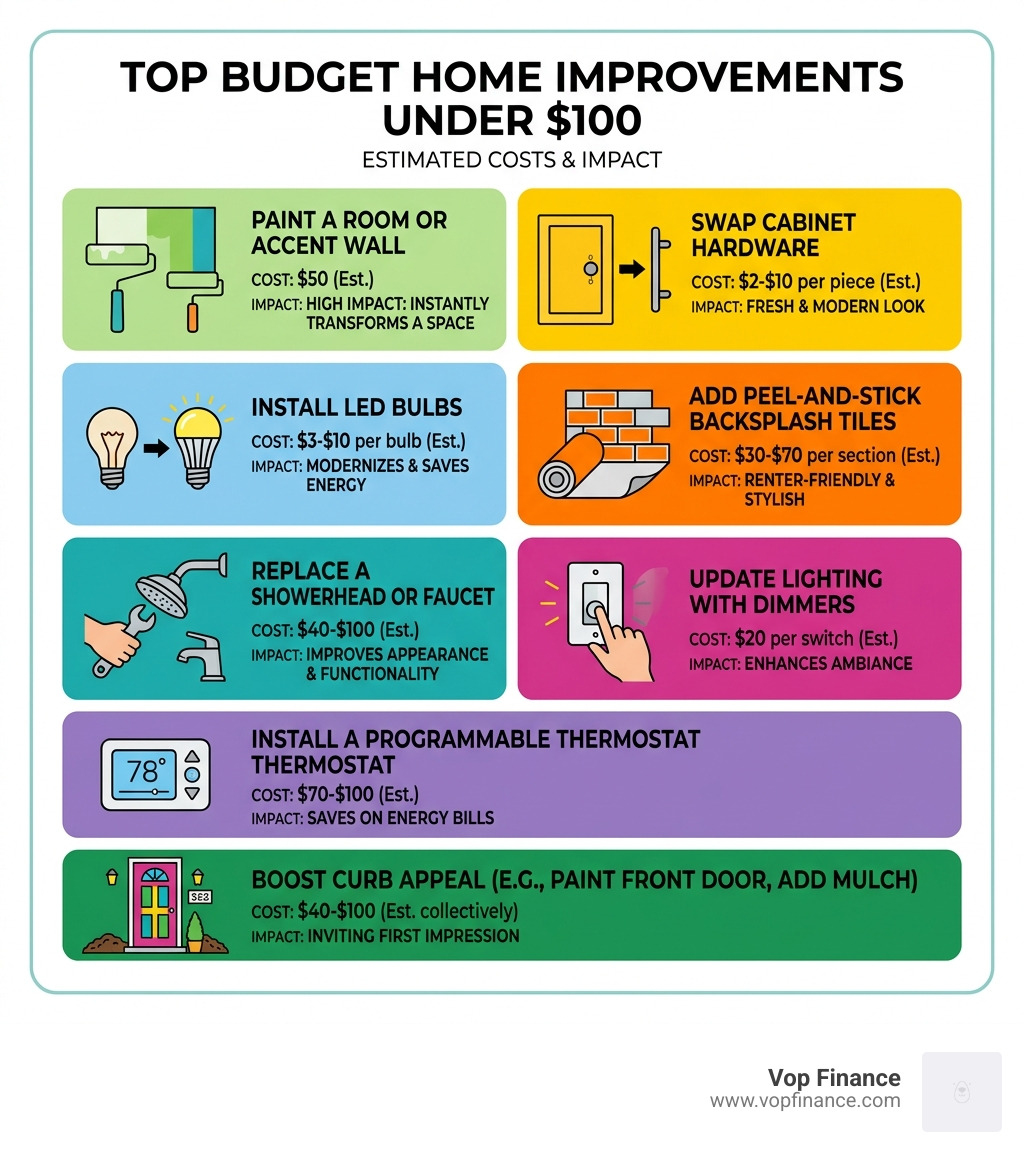 Top budget home improvements under $100 and their estimated costs and impact - home improvements on a budget infographic 