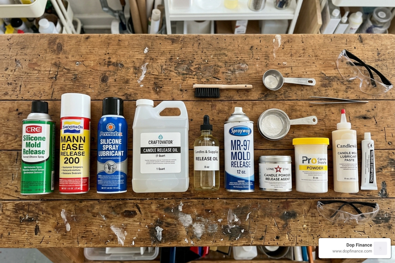 various candle mold release agents including sprays and oils arranged on a workbench - candle mold release tricks