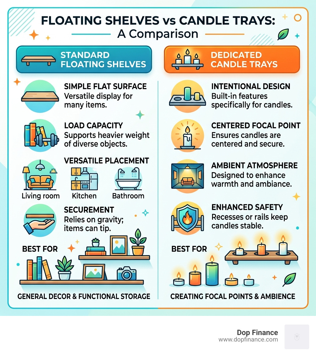 Infographic comparing standard floating shelves vs dedicated candle trays features and use cases - floating shelf candle