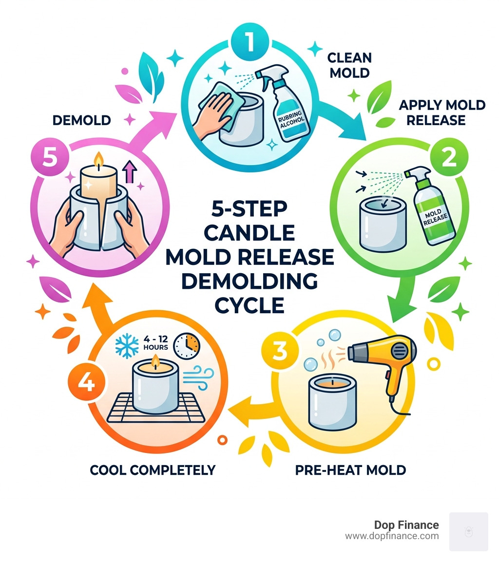 5-step candle mold release demolding cycle infographic with icons for each stage - candle mold release tricks infographic 