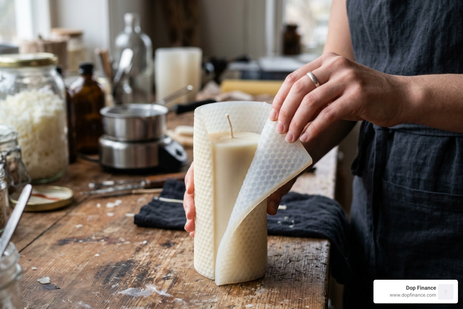 hand gently peeling a flexible silicone mold away from a finished candle - candle mold release tricks