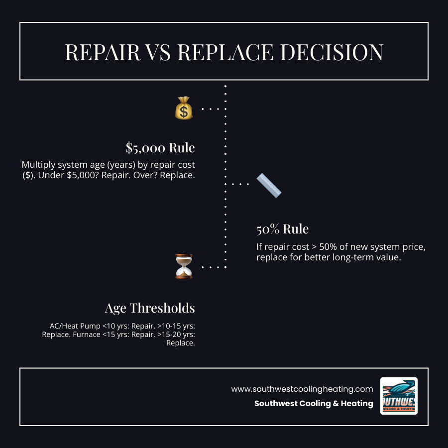Repair vs replace HVAC decision guide infographic with age, cost rules, and key warning signs - repair vs replace your hvac Repair vs replace HVAC decision guide infographic with age, cost rules, and key warning signs - repair vs replace your hvac