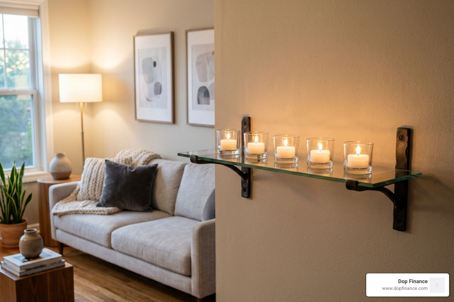 A wall-mounted iron and glass shelf displaying multiple tealights in a modern living room - floating shelf candle trays