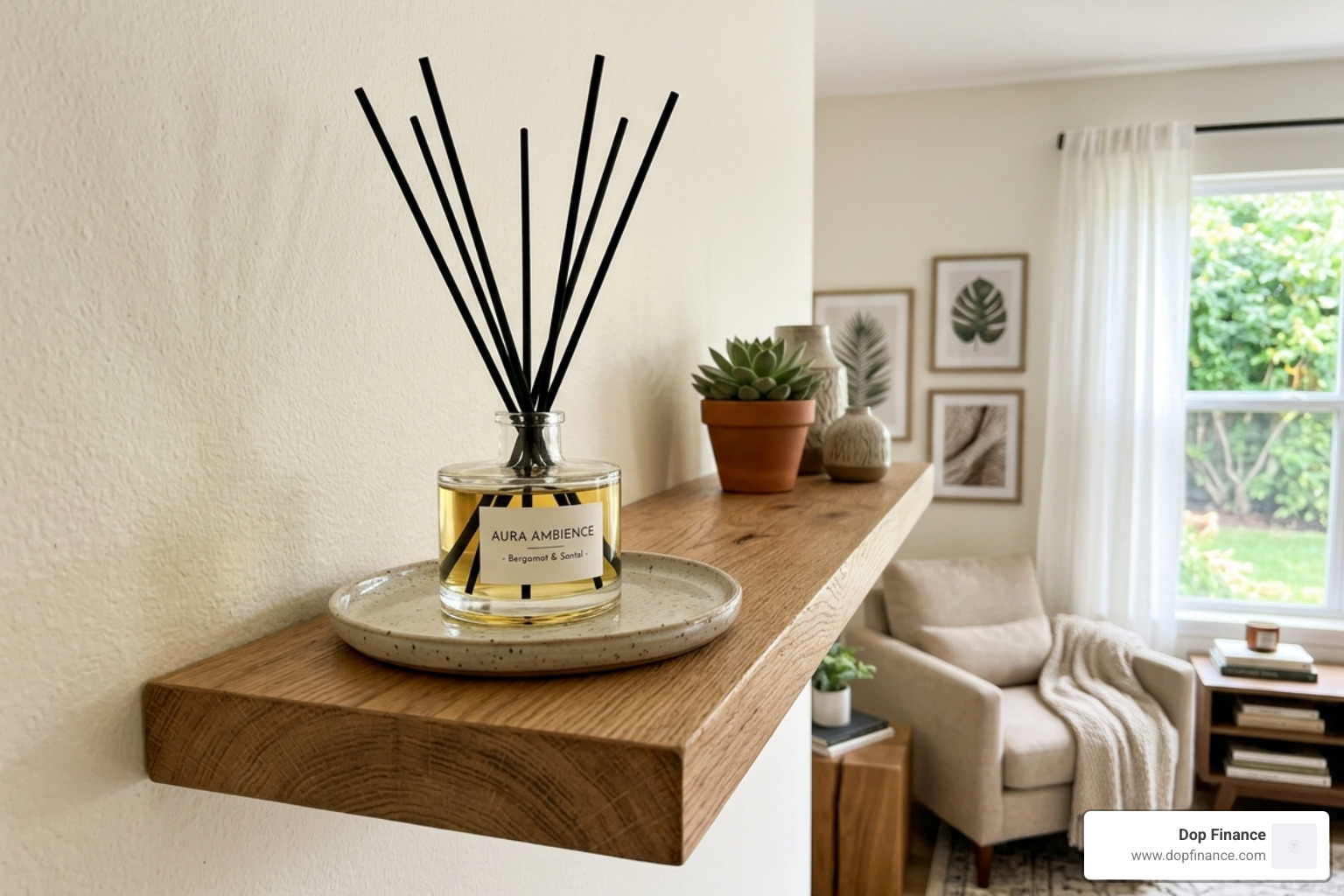A reed diffuser placed safely on a high floating shelf, out of reach of pets and children - best diffuser sticks for home