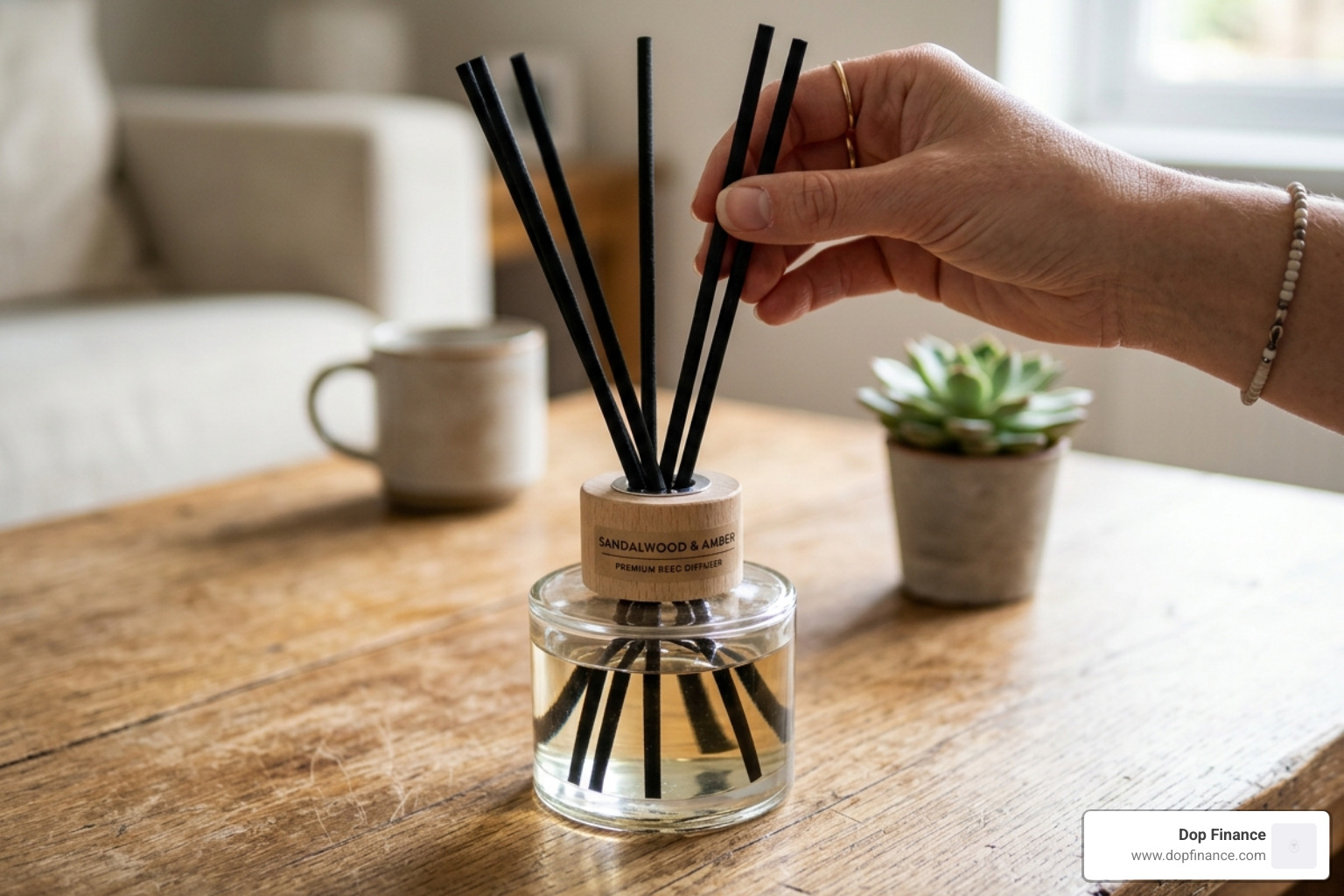 A person flipping black fiber reed sticks in a glass bottle to refresh the scent throw - best diffuser sticks for home