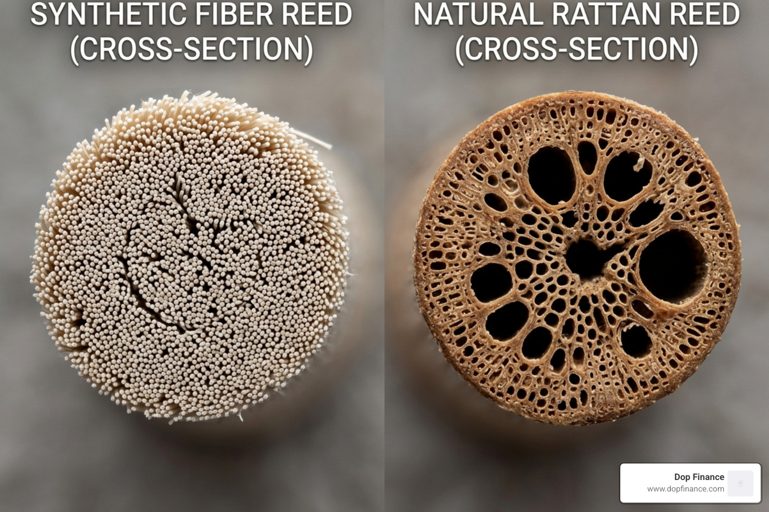 Close-up comparison of the porous texture of fiber reeds vs. the natural channels in rattan reeds - best diffuser sticks for