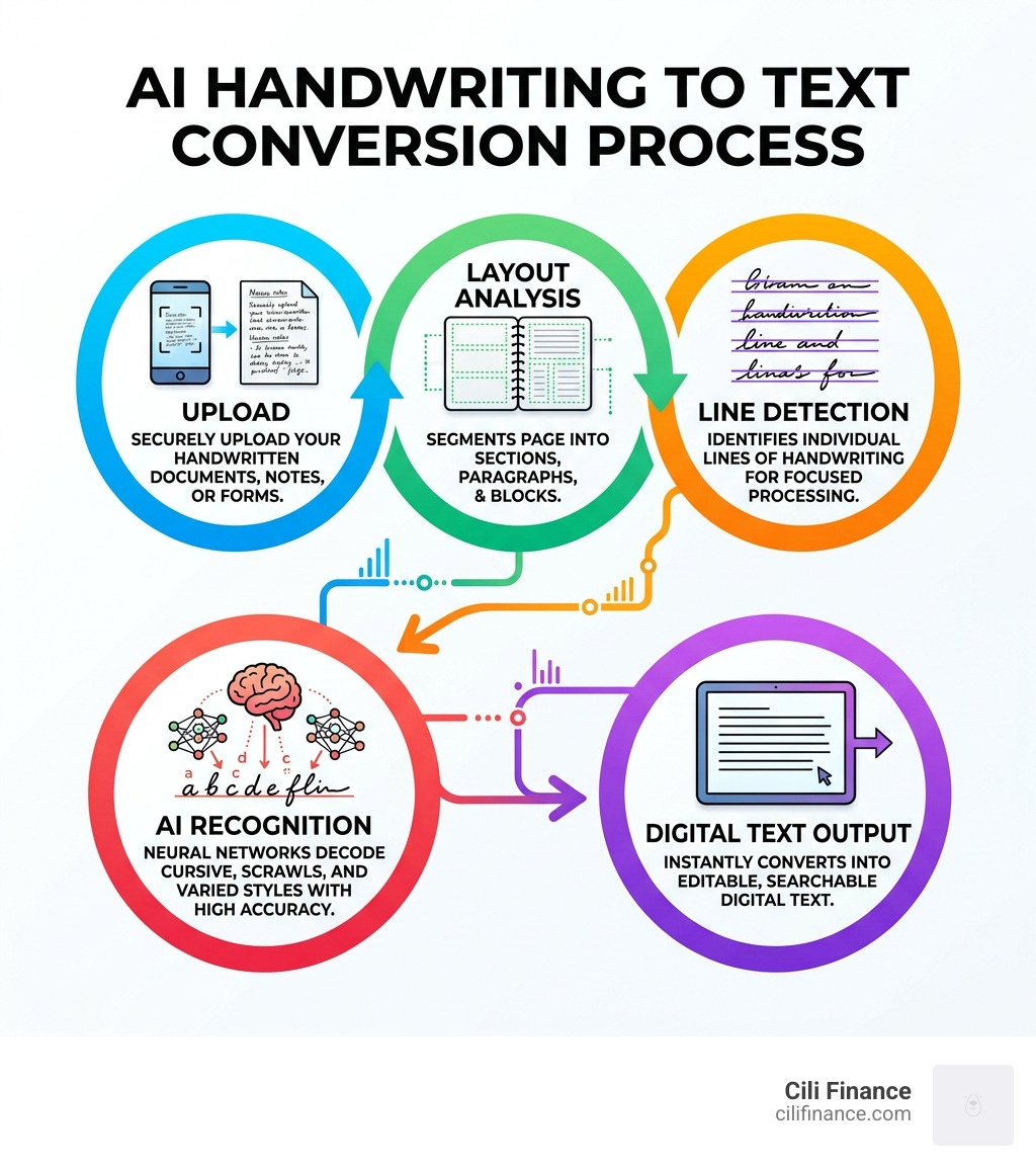AI handwriting to text conversion process infographic showing upload, layout analysis, line detection, AI recognition, and AI handwriting to text conversion process infographic showing upload, layout analysis, line detection, AI recognition, and