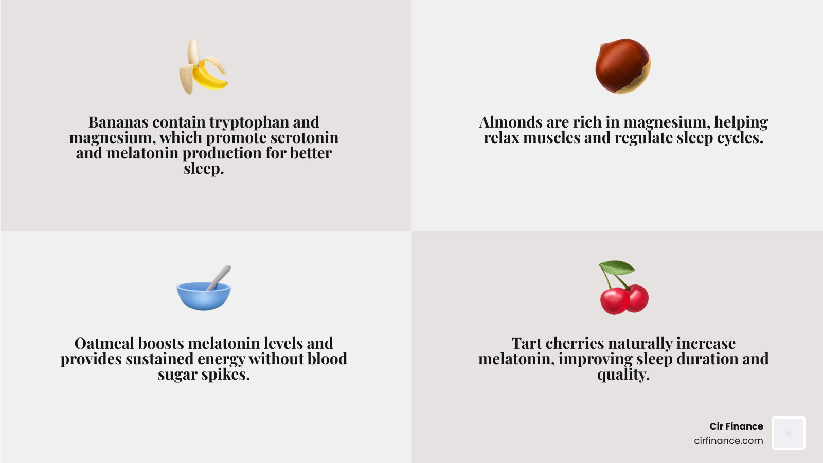 Infographic listing top 5 sleep-promoting foods: Bananas, Almonds, Oatmeal, Tart Cherries, and Greek Yogurt - best midnight