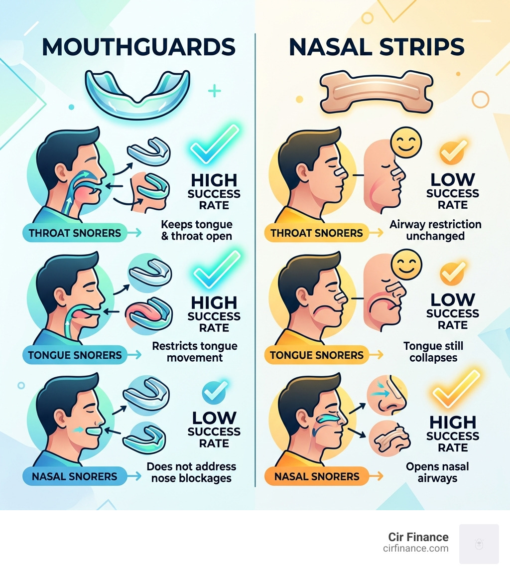 infographic comparing the success rates of mouthguards versus nasal strips for different types of snorers - anti snoring