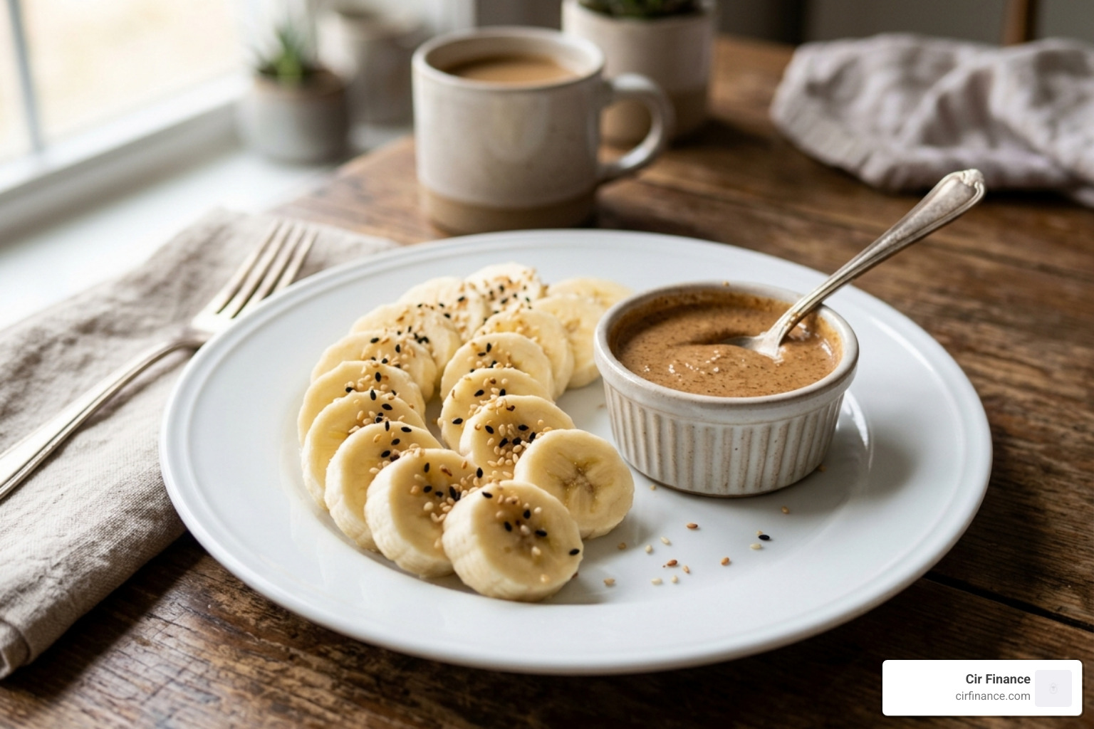Sliced bananas on a plate with a side of almond butter and sesame seeds - best midnight snacks to make