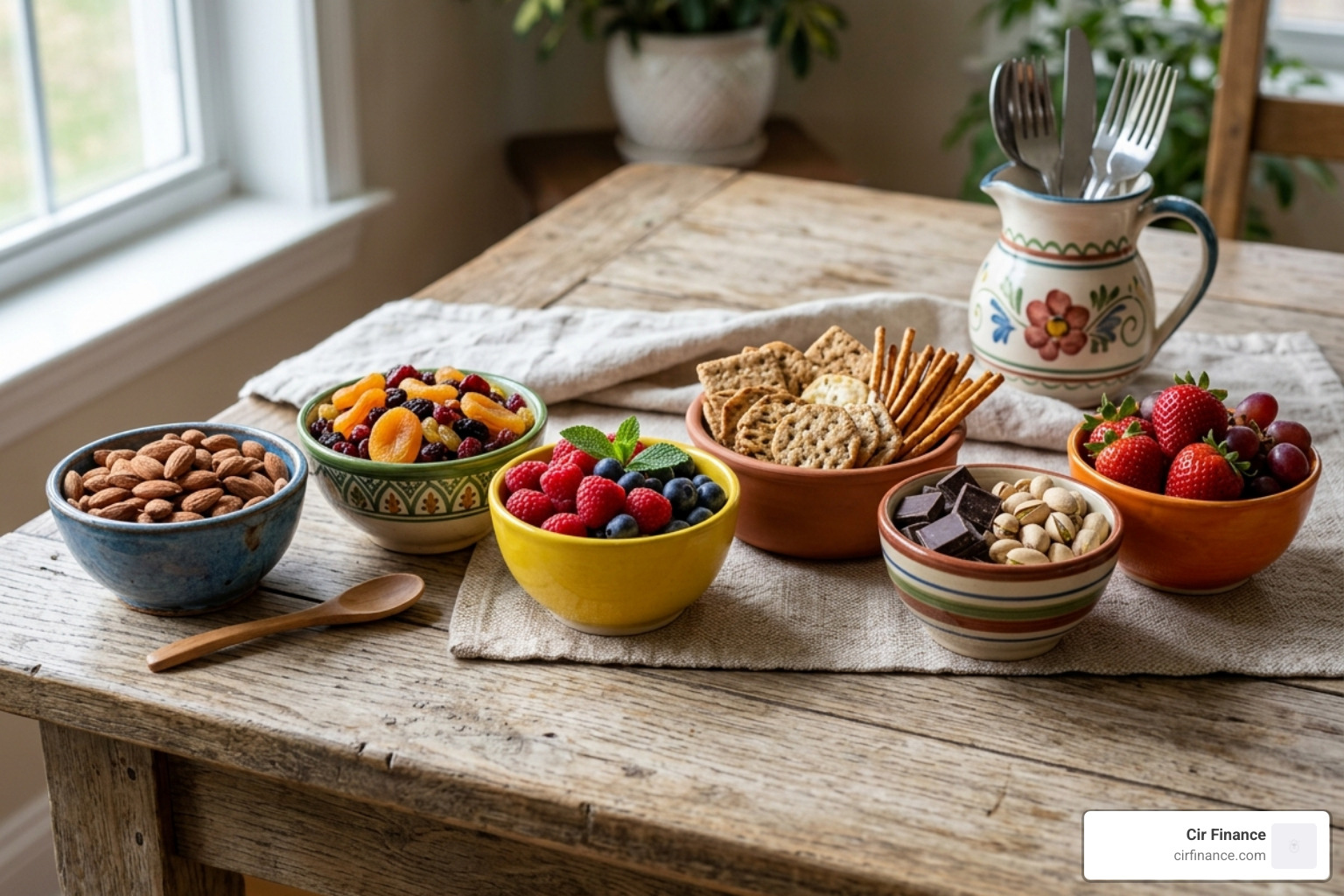 A variety of colorful snack bowls filled with nuts, fruits, and crackers - best midnight snacks to make