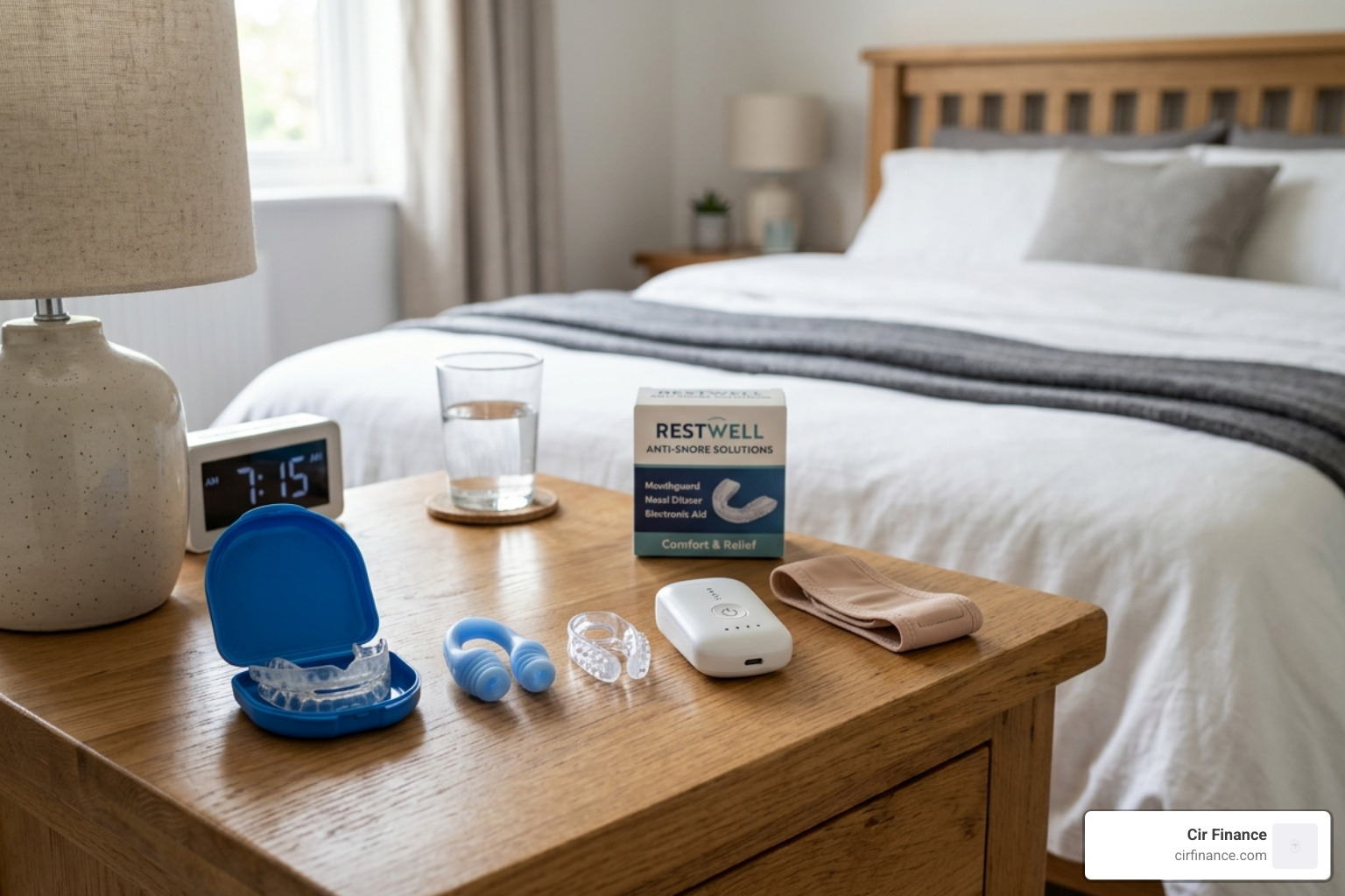 various modern snoring devices like mouthguards and electronic aids on a nightstand - anti snoring gadget