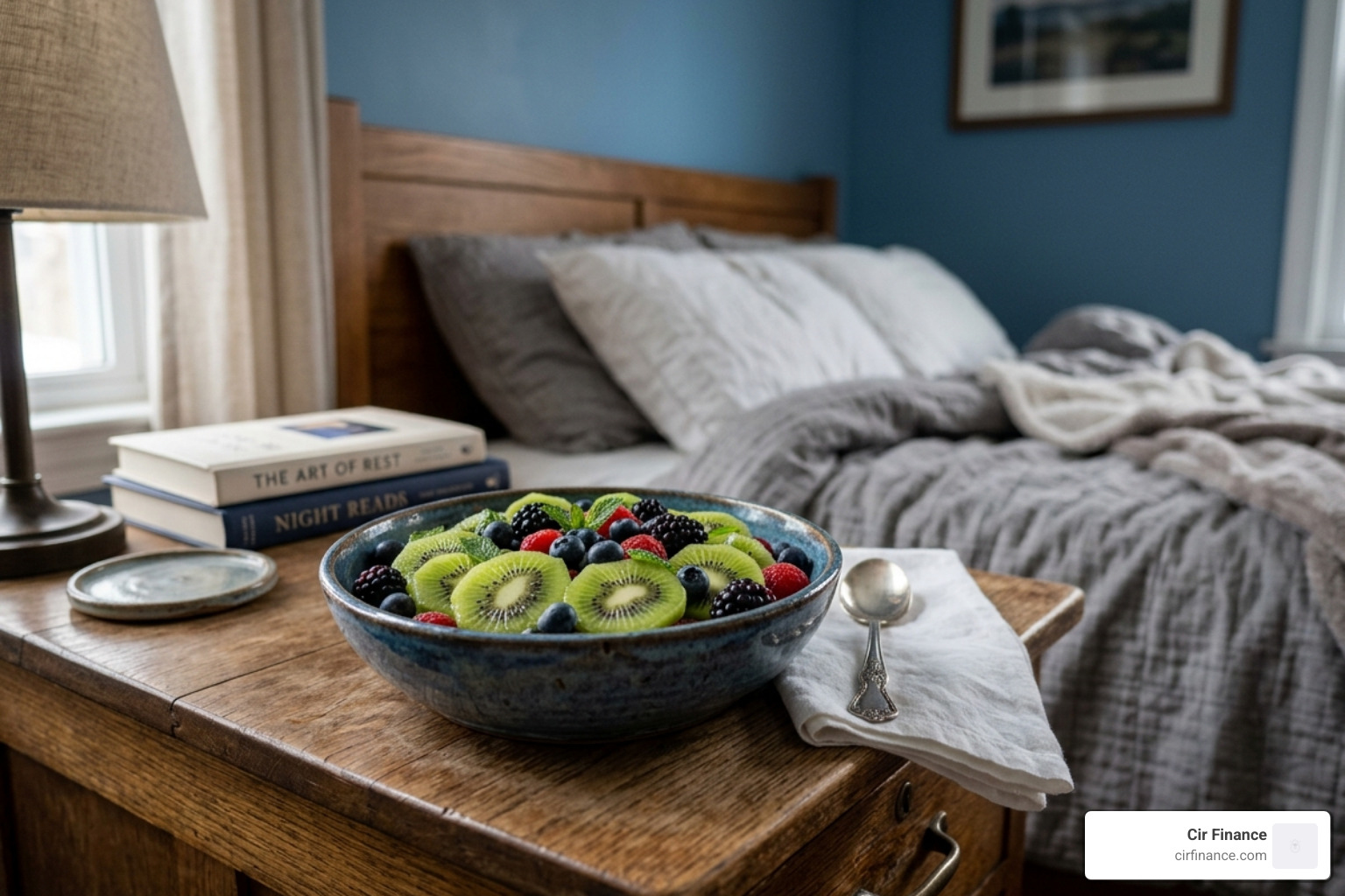 A bowl of sliced kiwi and fresh berries on a nightstand - best fruit to eat before bed to lose weight