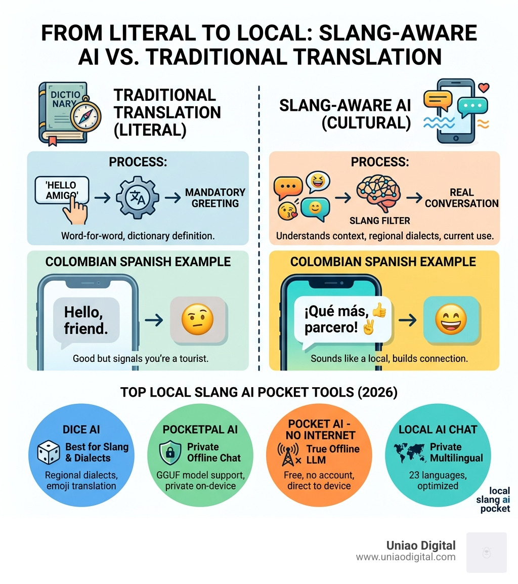 Infographic comparing literal translation vs slang-aware AI with example phrases and tools - local slang ai pocket
