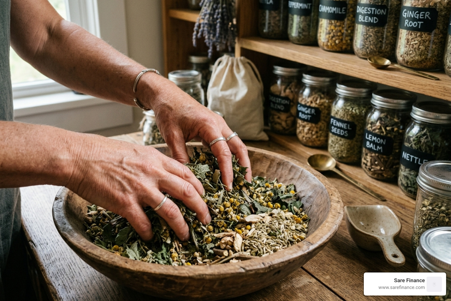 herbalist blending dried tea leaves for digestion - tea for gas bloating