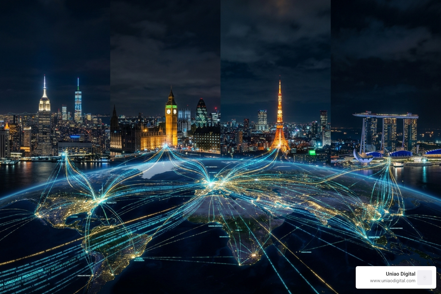 Digital neural networks connecting global cities representing AI language flow - local slang ai pocket