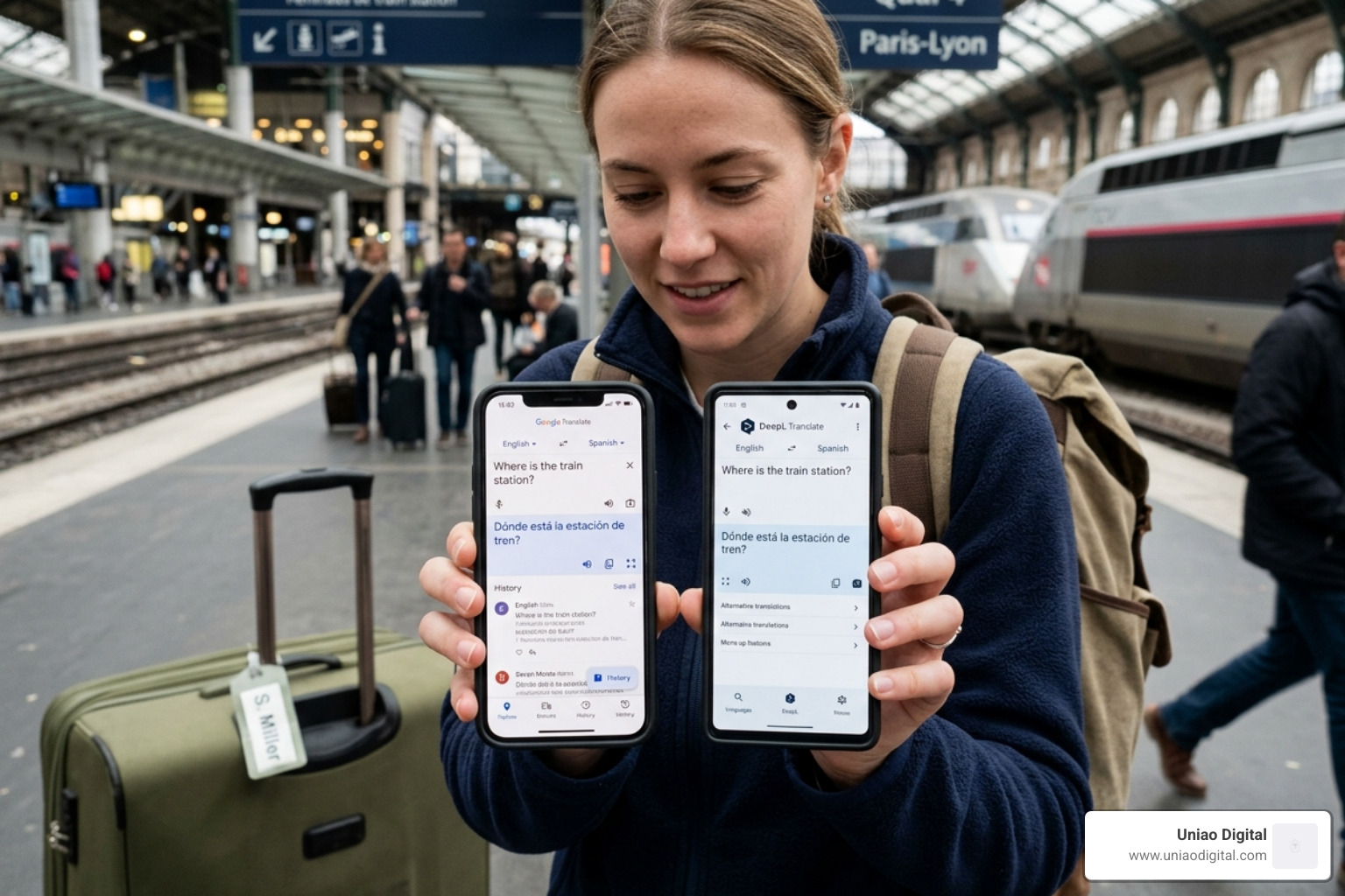 Traveler comparing different mobile app interfaces for translation on two different smartphones - ai language tool for