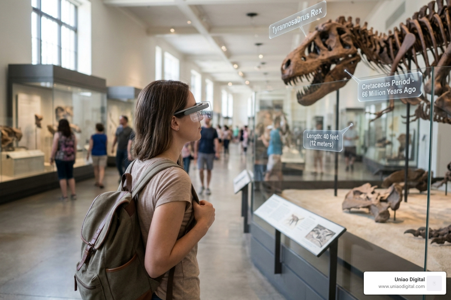 Futuristic AR glasses showing translated labels and historical facts on museum exhibits - ai language tool for tourists