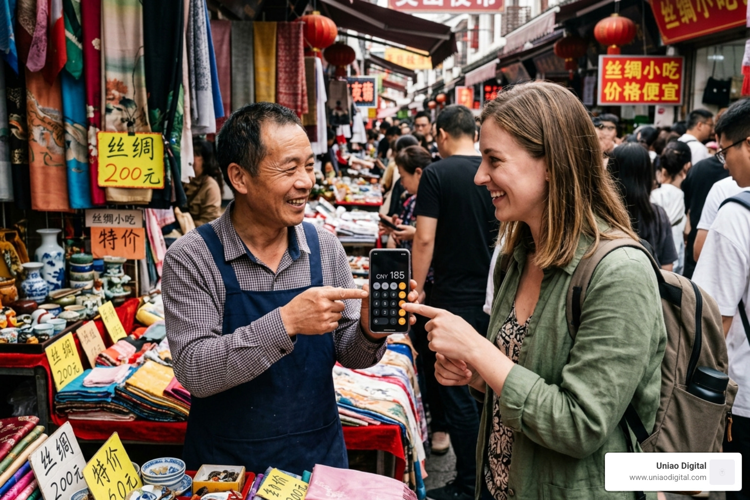 Traveler using a phone calculator to negotiate a price with a street vendor - chinese market bargaining tips