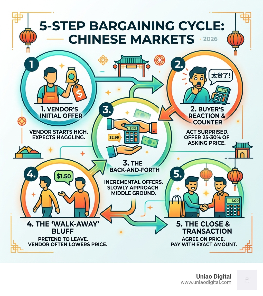 5-step bargaining cycle infographic for Chinese markets showing offer, react, counter, walk-away, close - chinese market