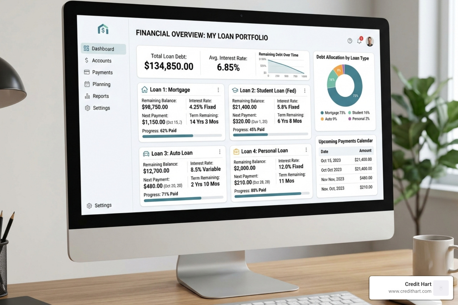 digital dashboard showing various loan balances and interest rates - budgeting for student loans