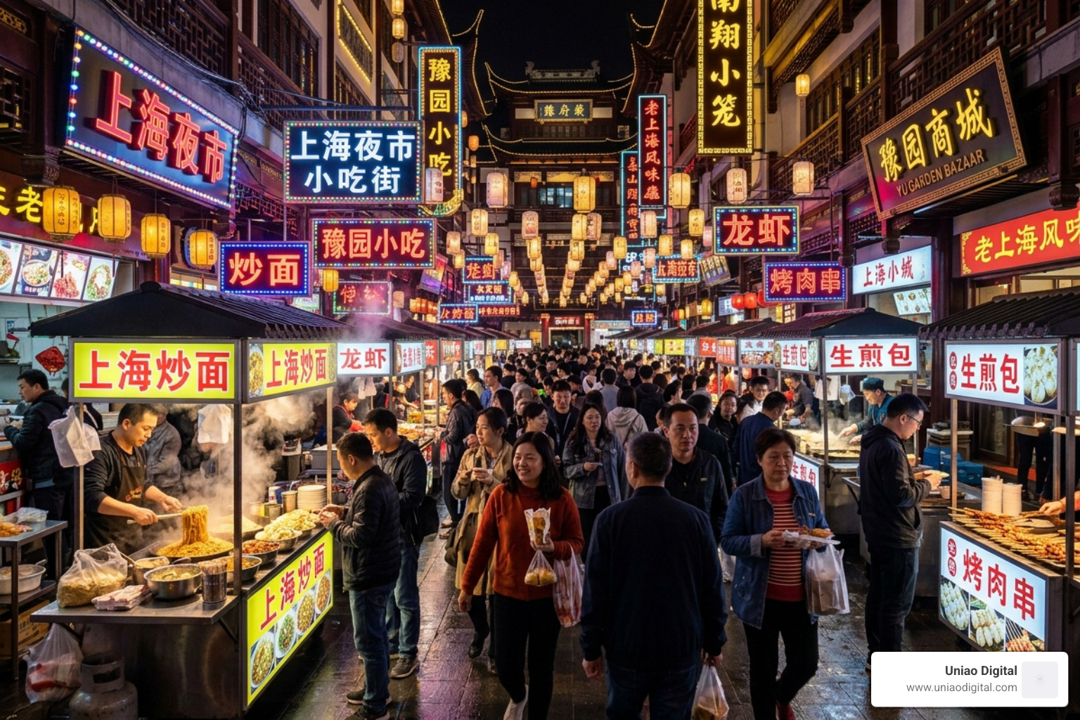 A vibrant night market in Shanghai with colorful neon signs and crowds - chinese market bargaining tips
