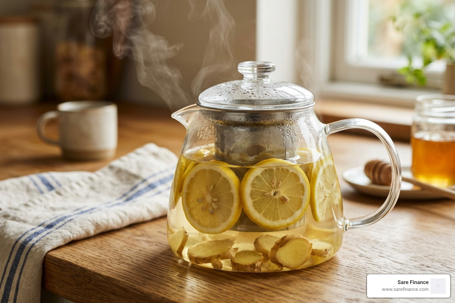 sliced lemons and ginger steeping in a clear glass teapot - digestion boosting lemon tea