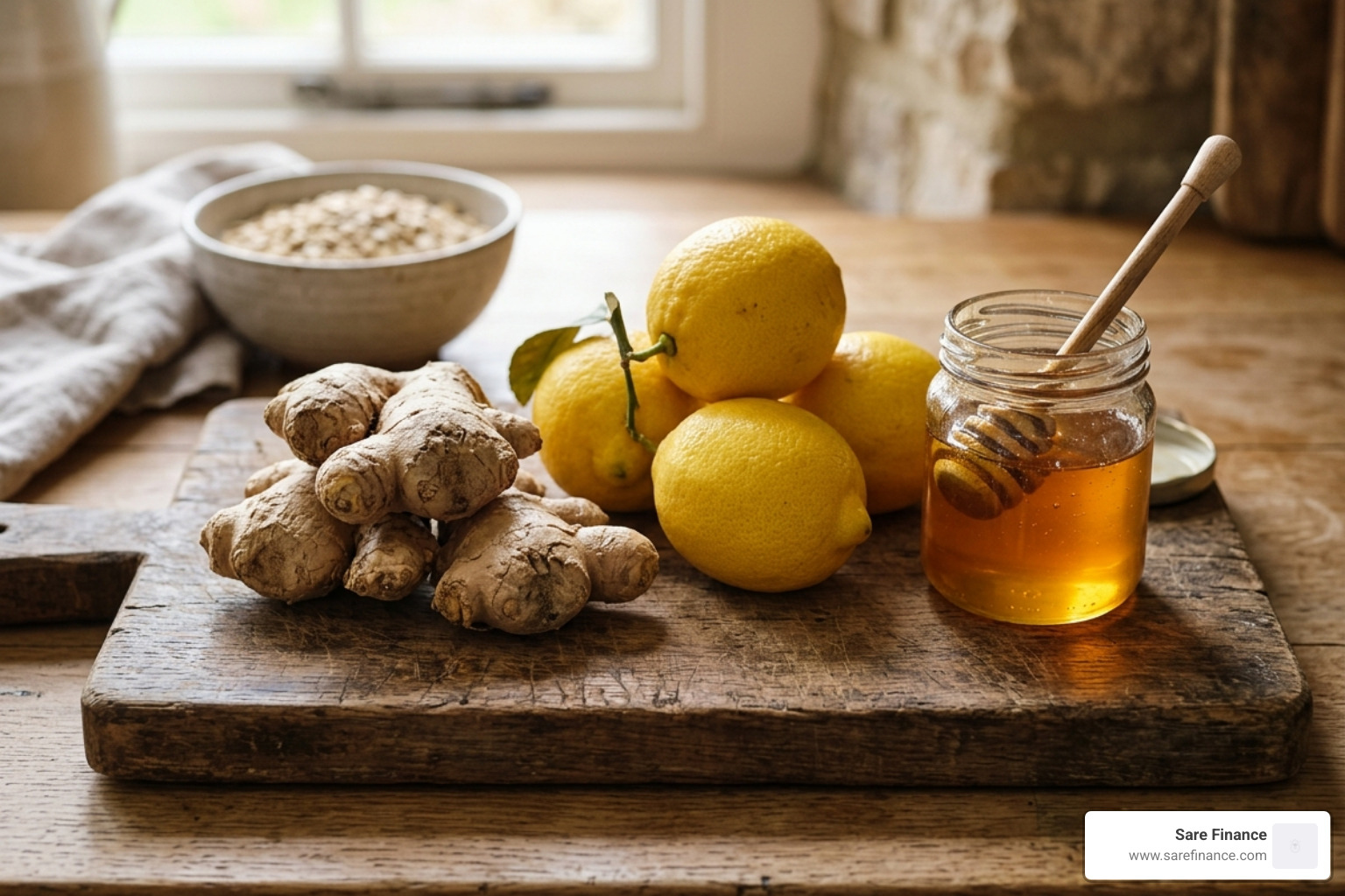 fresh ginger root lemons and raw honey on a wooden board - digestion boosting lemon tea
