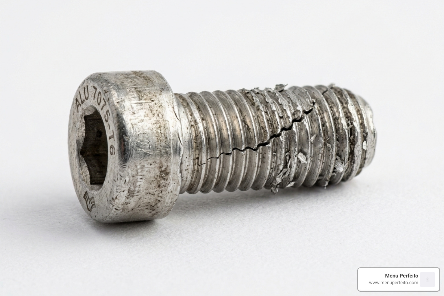 IMAGE of a stripped aluminum chainring bolt showing the damage from over-tightening - e-bike chainring bolt tightening