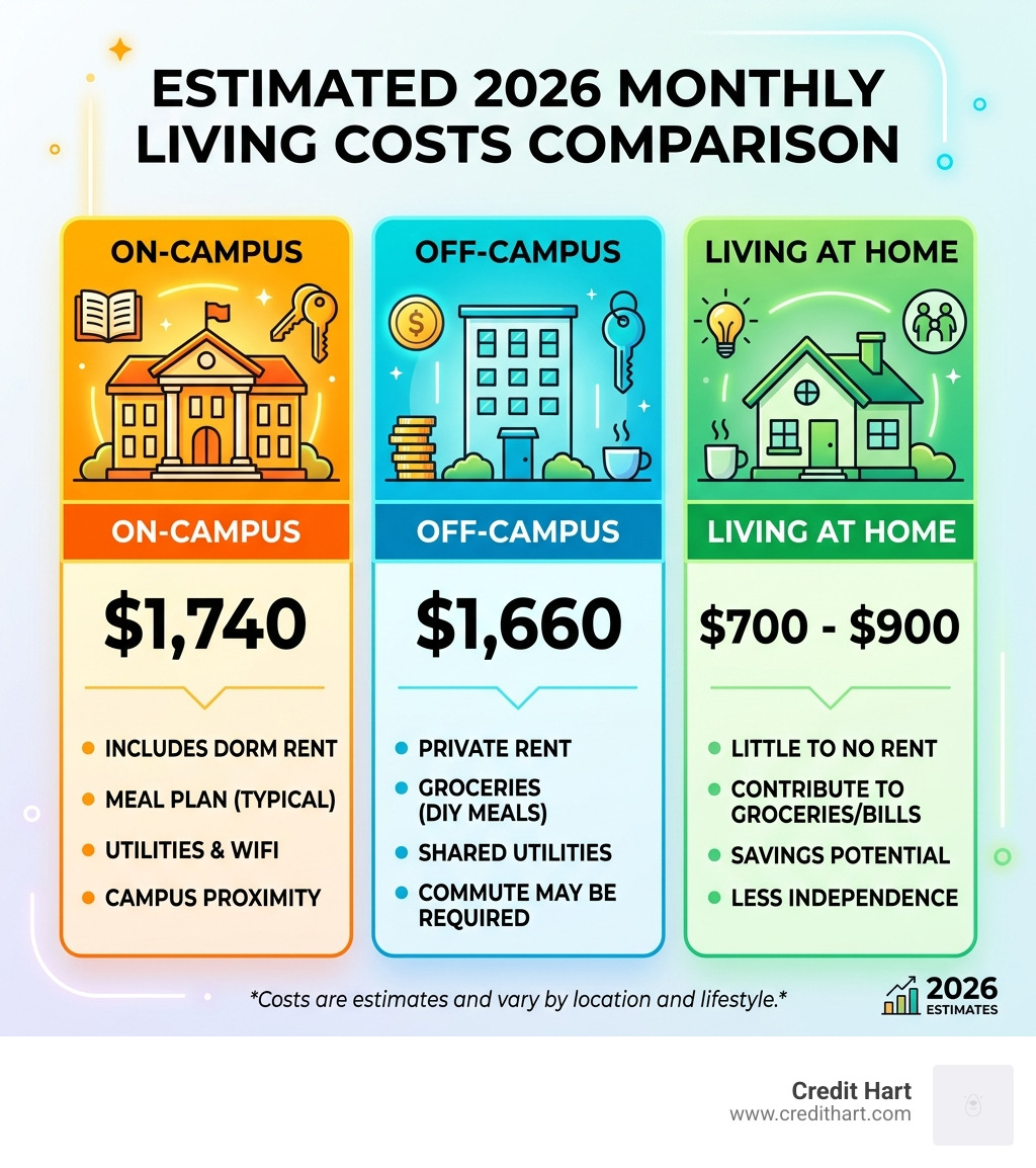 Table comparing 2026 monthly living costs: On-campus ($1,740) vs. Off-campus ($1,660) vs. Living at home ($700-$900)