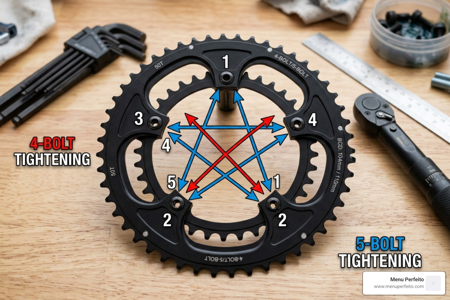 IMAGE illustrating the star tightening pattern for 4 and 5 bolt chainrings - e-bike chainring bolt tightening