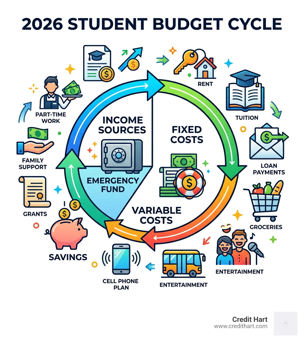 2026 student budget cycle infographic showing income sources, fixed costs, variable costs, savings, and emergency fund