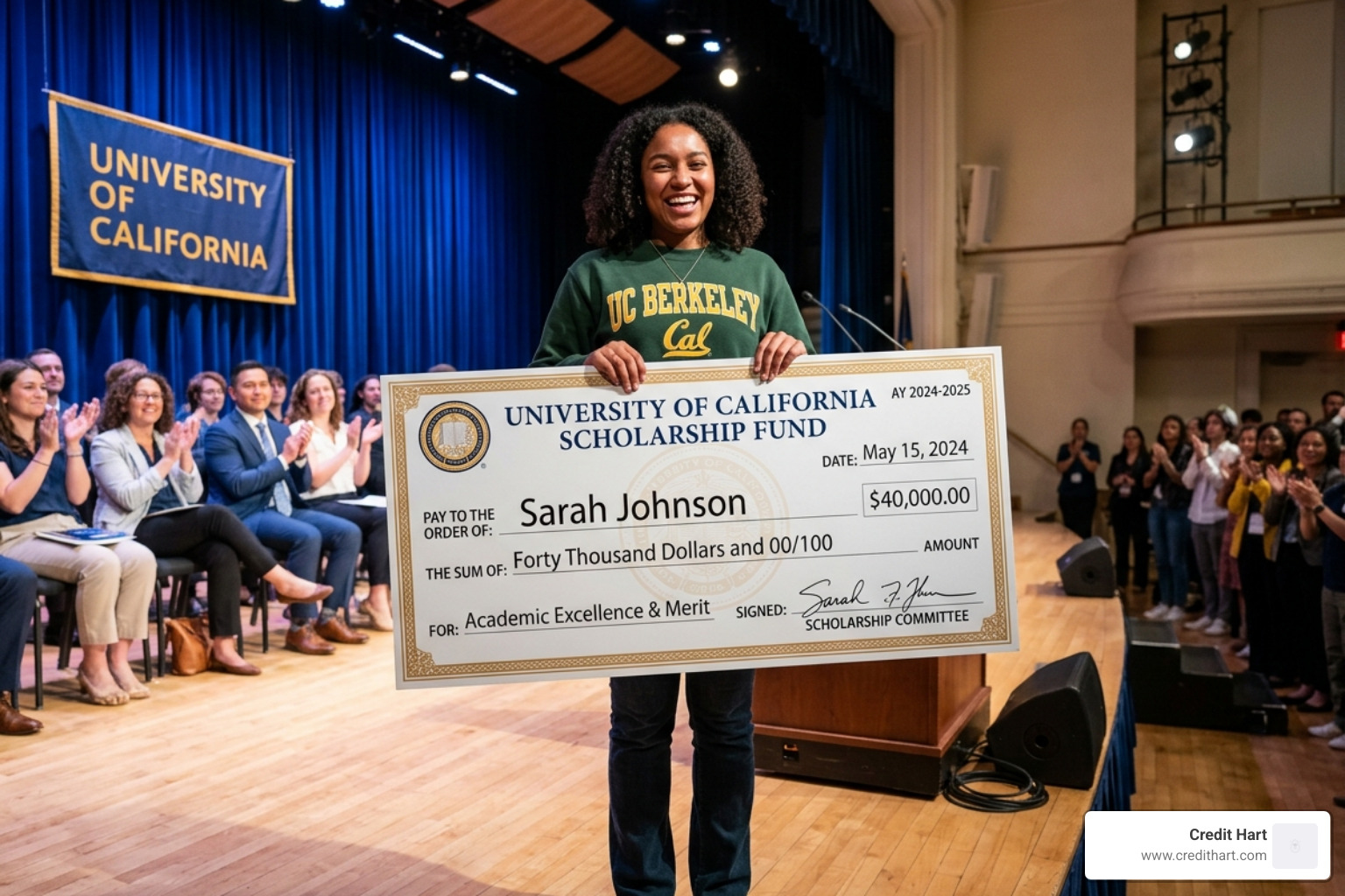 A happy student holding a large ceremonial scholarship check for $40,000 - corporate sponsored scholarships